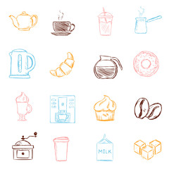 Vector Set of Color Sketch Coffee Icons. Symbols for Coffee Shop.
