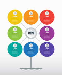 Business presentation concept with 8 options. Brochure design template. Template of tree, chart or diagram. Infographic of technology or education process with Eight steps.