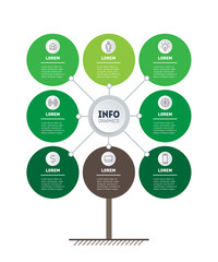 Vector infographic of technology or education process with Eight points. Web Template of tree, info chart or diagram. Vertical eco Business presentation concept with 8 options.