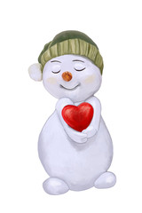 Un simpatico pupazzo di neve abbraccia, timidamente, un cuore. Dipinto.