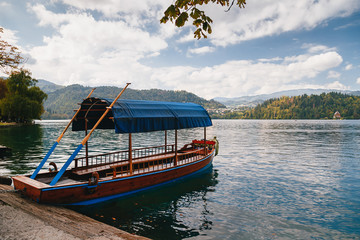 Naklejka na ściany i meble View of the pure Lake Bled with an traditional empty Pletna boat for tourists. Travel concept.