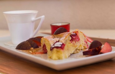 .plum cake with coffee
