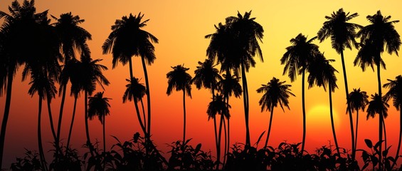 Fototapeta na wymiar Palm trees at sunset, beach at sunset, palm trees, 3d rendering