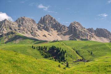 Beautiful landscape with mountain and green grass on field