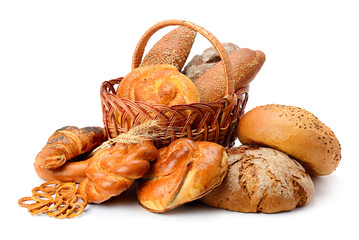 Fresh bread, buns and cookies in basket isolated on white