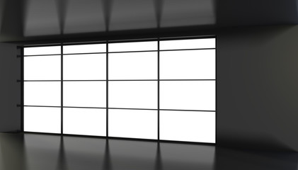 Empty black room with large stained glass windows. 3D rendering.