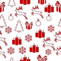 Merry Christmas Red elements on white background. Seamless graphic pattern made with elements of zentangl and doodle. Wrapping paper illustration