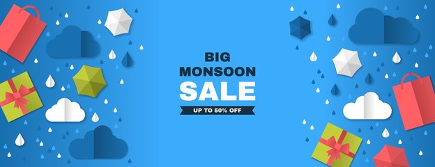 Sale Poster Of Monsoon Season. Creative Sale Banner with Colorful cloud, umbrella, gift box and package. web banner for special Monsoon Season sale. white frame with 3d paper cut icon decoration.