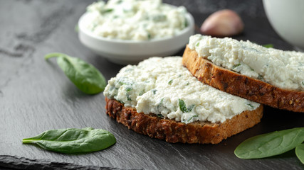 Ricotta cheese spinach sandwich with coffee. healthy breakfast