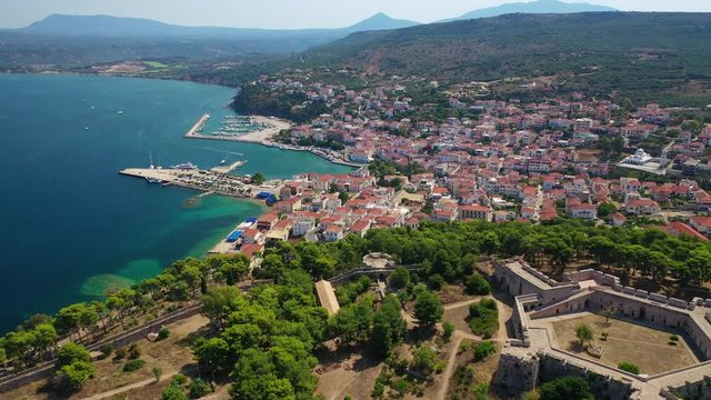 Aerial drone video of iconic medieval castle and village of Pylos or Pilos in the heart of Messinia prefecture, Peloponnese, Greece