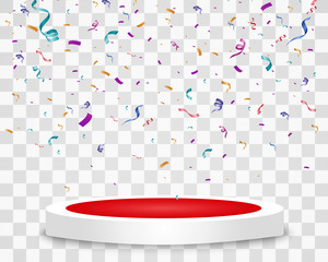 Lots of colorful tiny confetti and ribbons on transparent background. Festive event and party. Multicolor background. Colorful bright confetti isolated on the podium.