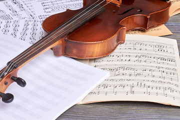 Fototapeta na wymiar Sheets of musical symbols and violin. Viola on musical notes sheets. Musical instrument of orchestra.