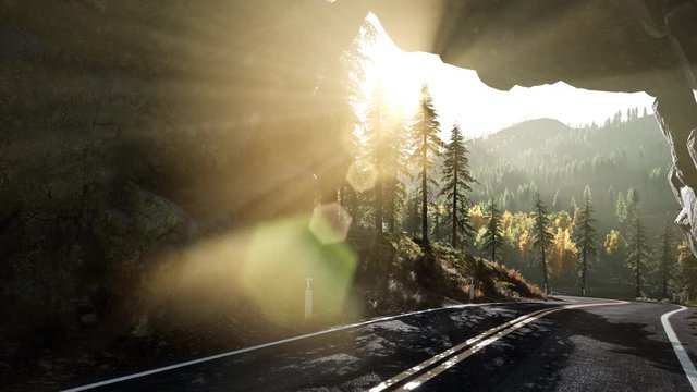 rocky road tonel in mountain at sunset
