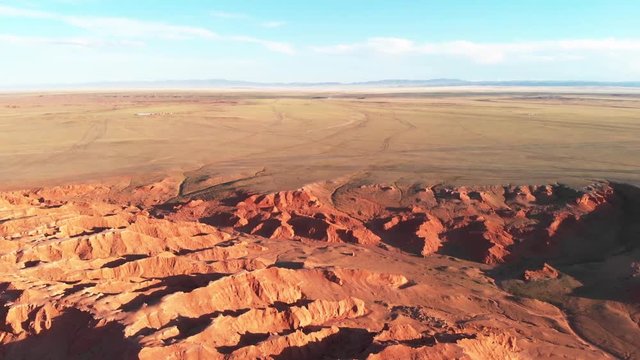 Aerial view of the Bayanzag, flaming cliffs, Gobi Desert, Mongolia