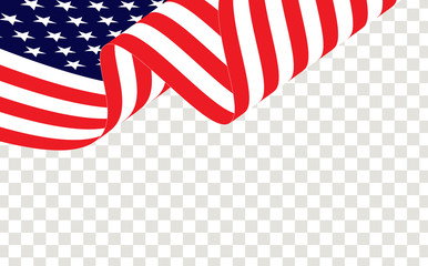 Waving american or USA flag, isolated and transparent, vector. USA, American waving flag, vector on transparent. American USA flag vector.