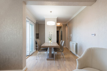 Interior of a open plan apartment, dining area