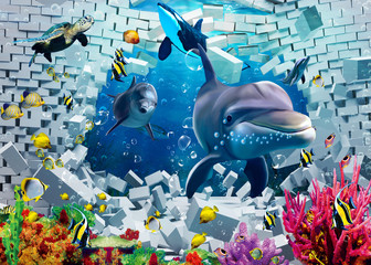 3d illustration  wallpaper under sea dolphin, Fish, Tortoise, Coral reefsand water with broken wall bricks background. will visually expand the space in a small room, bring more light and become an ac - obrazy, fototapety, plakaty