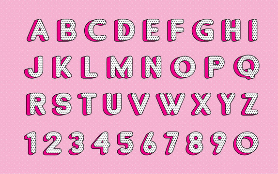 Cute polka dots 3D english alphabet letters set.  Vector LOL doll surprise style. Happy birthday alphabet with hot pink shadow. Vector LOL doll surprise style. 
