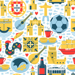Portugal seamless pattern with icons in flat style