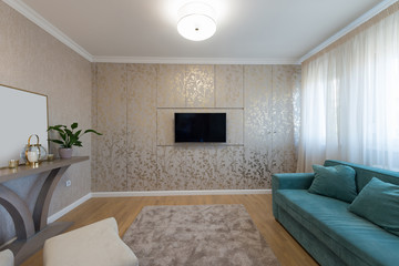 Interior of a luxury living room with wardrobe wall
