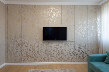 Interior of a luxury living room with wardrobe wall