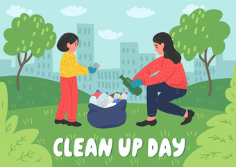 Clean up Day. Young woman and little girl cleaning city park. 