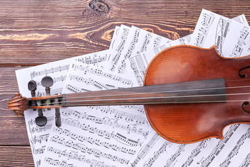 Violin on musical notes sheets. Old violin and musical notes pages, cropped image. Fingerboard of violin.