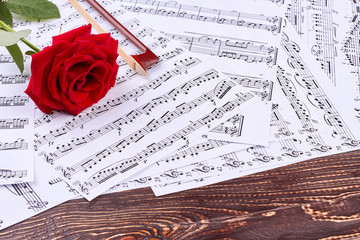 Musical sheets and rose on wooden background. Violin bow, musical papers and red rose. Love is the music.