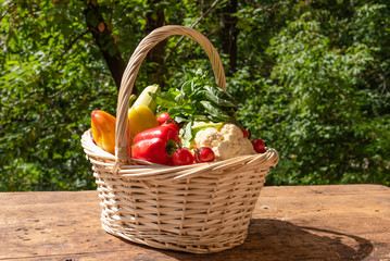 Basket with ripe vegetables on a rustic wooden table on a background of trees in the yard