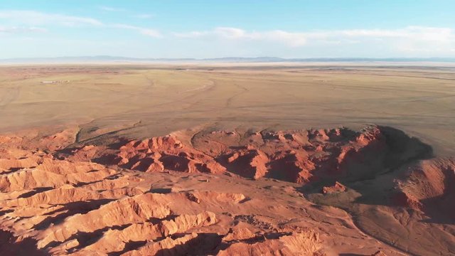 Aerial view of the Bayanzag, flaming cliffs, Gobi Desert, Mongolia