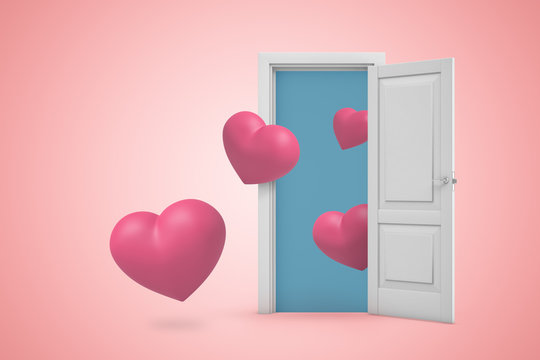 3d rendering of a white open doorway with small pink hearts on light pink background