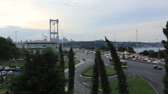 Istanbul Bosphorus Bridge Traffic 15th July Martyrs Bridge (15 Temmuz Sehitler Koprusu). Istanbul, Turkey.