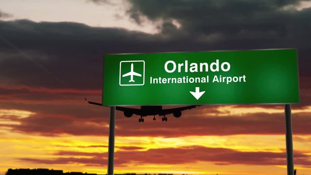 Airplane silhouette landing in Orlando, Florida, USA. City arrival with airport direction signboard and sunset in background. Trip and transportation concept 3d animation.