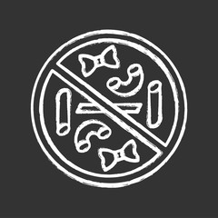 No pasta eating chalk icon. Carbs and gluten free label. Healthy and weight loss diet. Durum wheat flour product. Italian cuisine staple food. Macaroni isolated vector chalkboard illustration