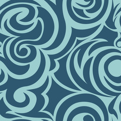 Fototapeta na wymiar Blue seamless pattern of spirals and curls. Decorative ornament for background.