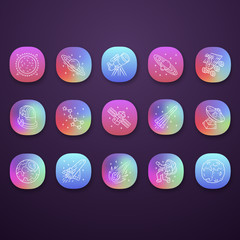Astronomy app icons set. Space exploration. Astronomical observations. Starry sky study. Astrophysics, astrology. UI/UX user interface. Web or mobile applications. Vector isolated illustrations