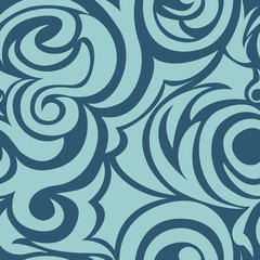 Blue seamless pattern of spirals and curls. Decorative ornament for background.