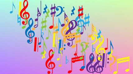 Disco Background. Colorful Musical Notes Symbol Falling on Hologram Background. Many Random Falling Notes, Bass and, Treble Clef. Disco Vector Template with Musical Symbols.