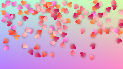 Wedding Background. Banner Template. Many Random Falling Beautifull Hearts on Hologram Backdrop. Heart Confetti Pattern. Vector Wedding Background.