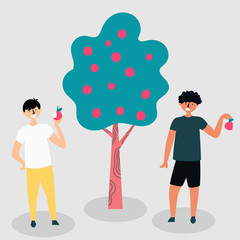 Fruits from one tree can have a different taste. Opposition. Tasty and tasteless. Metaphor. Vector editable file eps 10