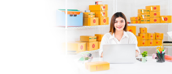 Banner of Young Asian Women Working at Home, Packing Product for Delivery Concept