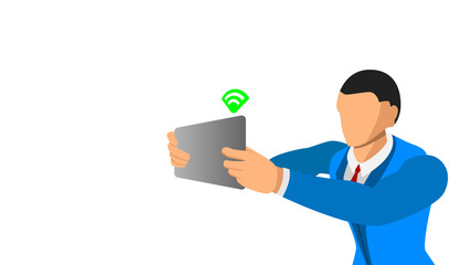 flat character holds a tablet with wireles signal. separate background design.