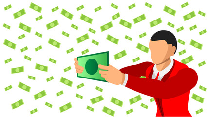 flat character businessman holds paper dollars. dollar background pattern separate background.