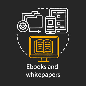 Ebooks and whitepapers chalk concept icon. Content marketing channels idea. Electronic book. Distance learning. E-learning, virtual library.. Vector isolated chalkboard illustration