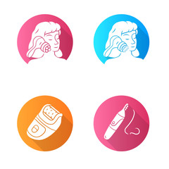 Beauty devices flat design long shadow glyph icons set. Face massager, cleaning brush, epilator and nose hair trimmer. Cosmetology instruments. Beauty electric tools. Vector silhouette illustration