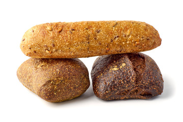 Varieties of bread buns on white background