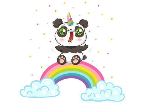 panda  with unicorn horn on rainbow