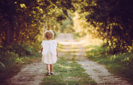 Super cute anonymous blonde curly hair girl child wearing white dress and angel wings, walking on countryside road. Backside view. Concept of child angel.