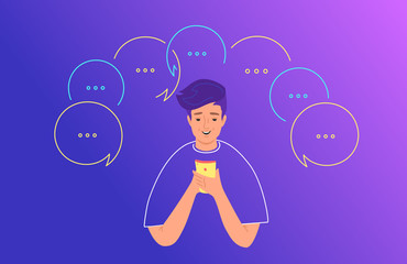 Social media chat and communication concept flat vector illustration. Teenage boy using mobile smartphone for texting