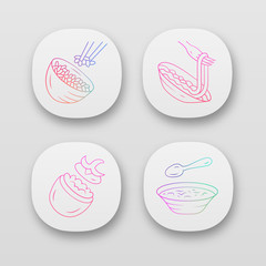 Nutritious food app icons set. Rice, stuffed tomato, soup. Cafe, restaurant snack, appetizer. First, second course. UI/UX user interface. Web or mobile applications. Vector isolated illustrations